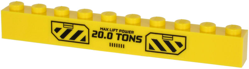 Lego Brick 1 x 10 with 'MAX LIFT POWER 20.0 TONS' and Black Danger Stripes on Transparent Background Pattern (Sticker) - Set 60266