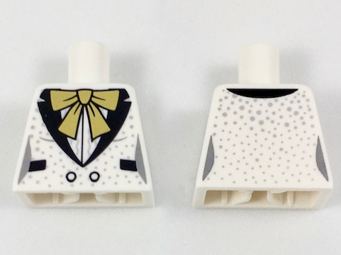 Lego Torso Female Tuxedo Jacket, Large Gold Bow, Black Lapels and Pockets, Silver Speckles Pattern / White