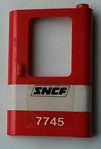 Lego Door 1 x 4 x 5 Train Right, Thin Support at Bottom with White Stripe and 'SNCF 7745' Pattern (Sticker) - Set 7745 / Red