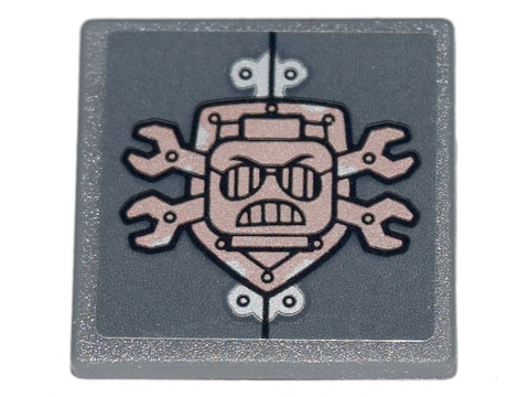 Lego Road Sign 2 x 2 Square with Open O Clip with Copper Crossed Wrenches, Shield, Scribble Cop Head and Rivets Pattern (Sticker) - Set 70840
