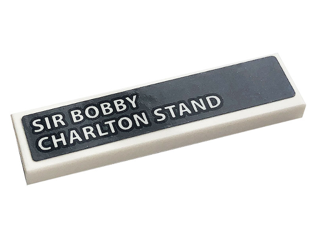 Lego Tile 1 x 4 with White 'SIR BOBBY CHARLTON STAND' on Dark Bluish Gray Background Pattern (Sticker) - Set 10272