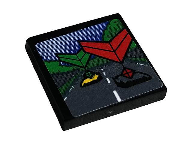 Lego Tile 2 x 2 with Screen with Road, Cars, Trees, Sky, and Green and Red Chevrons Pattern (Sticker) - Set 42096