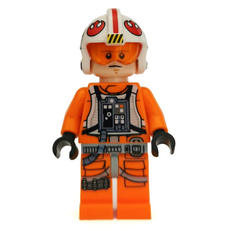 Lego Luke Skywalker, Orange Rebel Pilot Outfit, Light Bluish Gray Hips, Black Hands, Helmet with Visor