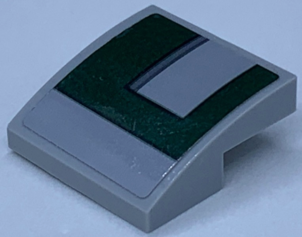Lego Slope, Curved 2 x 2 x 2/3 with Dark Green Panel on Light Bluish Gray Background Pattern Model Right Side (Sticker) - Set 75243 / Light Bluish Gray