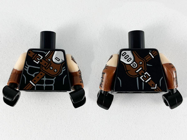 Lego Torso Reddish Brown and Silver Crossbelt Pattern / Reddish Brown Arms with Light Nougat Short Sleeves, Silver Plates Pattern / Black Hands