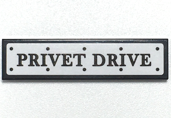 Lego Tile 1 x 4 with Road Sign with 'PRIVET DRIVE' and Rivets on White Background Pattern (Sticker) - Set 75968 / Black