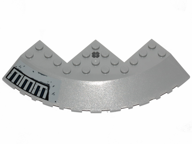 Lego Brick, Round Corner 10 x 10 with Slope 33 Edge, Axle Hole, Facet Cutout with SW Dark Blue Stripes Pattern Model Left Side (Sticker) - Set 75233 / Light Bluish Gray