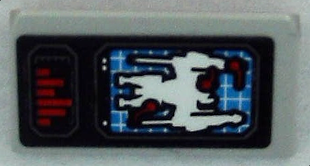 Lego Slope 30 1 x 2 x 2/3 with Control Screen with White Scuttler on Blue Radar Screen and Red Bar Chart Pattern (Sticker) - Set 70908