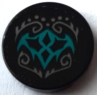 Lego Tile, Round 2 x 2 with Bottom Stud Holder with Dark Bluish Gray Elves Scrollwork and Dots and Dark Turquoise Bat Wings Pattern (Sticker) - Set 41195