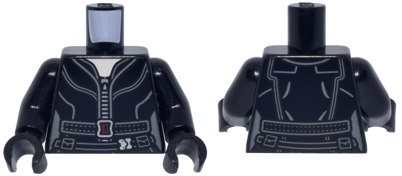Lego Torso Female Suit with Silver Zipper, Dark Bluish Gray Belt with Dark Red Buckle, Light Nougat Neck Pattern / Black Arms / Black Hands
