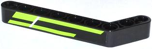 Lego Technic, Liftarm, Modified Bent Thick 1 x 9 (7 - 3) with Lime Stripes Pattern (Sticker) / Black