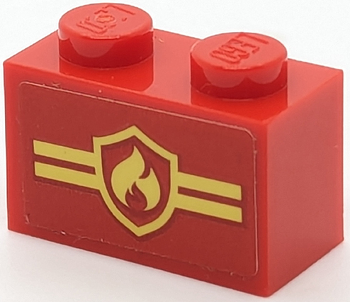 Lego Brick 1 x 2 with Bright Light Yellow Fire Logo Badge and Stripes Pattern (Sticker) - Set 40347 / Red