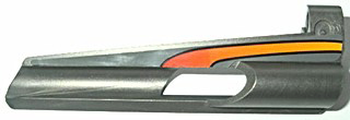 Lego Technic, Panel Fairing # 7 Small Long, Large Hole, Side A with Red to Orange Fade Curve Pattern (Sticker) - Set 8473 / Pearl Dark Gray