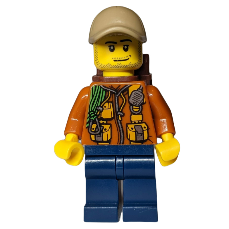 Lego Explorer, Jacket with Pouches, Radio, and Rope, Dark Tan Cap, Backpack, Stubble