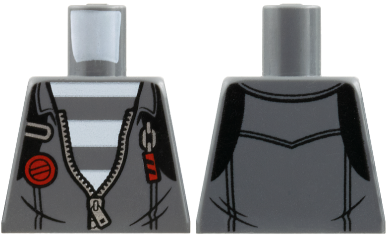 Lego Torso Town Prisoner, Jacket with Open Zipper over Prison Stripes Pattern / Dark Bluish Gray