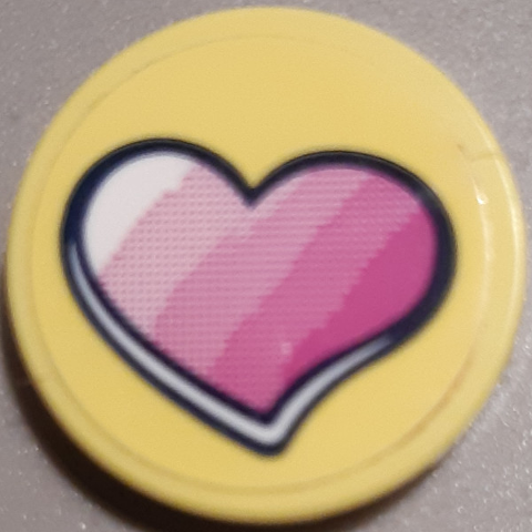 Lego Tile, Round 2 x 2 with Bottom Stud Holder with Striped Pink Heart Pattern (Sticker) - Set 41343 / Bright Light Yellow