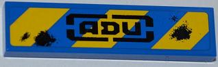 Lego Tile 1 x 4 with Blue and Yellow Danger Stripes, 'ADU' and 2 Laser Burns Pattern (Sticker) - Set 7052 / Blue