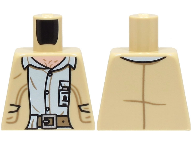 Lego Torso Open Vest over White Shirt with ID Badge, Light Nougat Neck, Dark Tan Belt with Silver Buckle Pattern / Tan