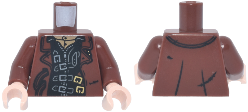 Lego Torso Trench Coat Open with Rips and Tears and Gold Buckles over Black Jacket with Silver Straps, Buckles and Zipper Pattern / Reddish Brown Arms / Light Nougat Hands