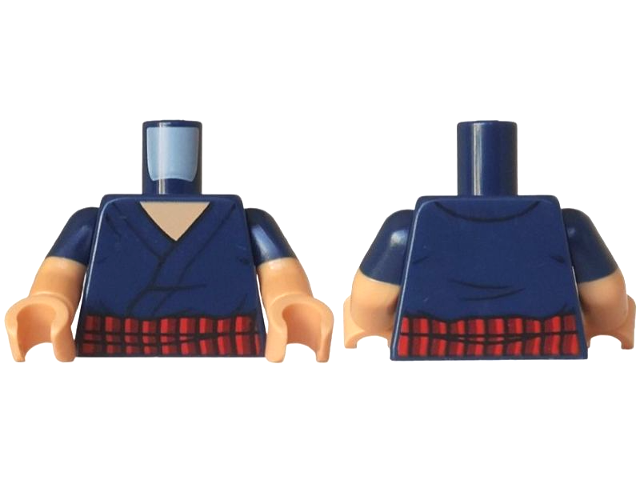 Lego Torso Robe with Black Trim, Dark Red and Red Sash, Medium Tan Neck Pattern / Medium Tan Arms with Molded Dark Blue Short Sleeves / Medium Tan Hands