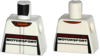 Lego Torso Racing Suit with 'PORSCHE MOTORSPORT' and Orange Collar Pattern / White