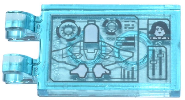 Lego Tile, Modified 2 x 3 with 2 Open O Clips with Digital Display Quinjet, Gauges, and Black Widow Head Pattern (Sticker) - Set 76269 / Trans-Light Blue