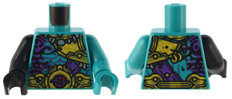 Lego Torso Armor with Gold and Yellow Plates, Round Belt with Emblem, Dark Purple Ink Pattern / Dark Turquoise Arm Left / Black Arm Right / Dark Turquoise Hand Left / Black Hand Right