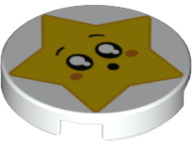 Lego Tile, Round 2 x 2 with Bottom Stud Holder with Star Face, Round Mouth, Black Eyes with White Pupils, Raised Eyebrows, Orange Cheeks Pattern