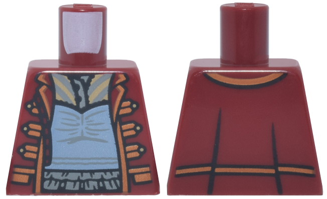 Lego Torso Female Military Coat Open with Dark Orange Trim and Clasps over Sand Blue Top with Dark Bluish Gray Ruffles and Striped Shirt Pattern / Dark Red
