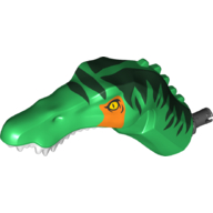 Lego Animal Body Part, Dinosaur, Baryonyx Head with Yellow Eyes, Dark Green Markings, Orange Stripe, White Teeth / Green
