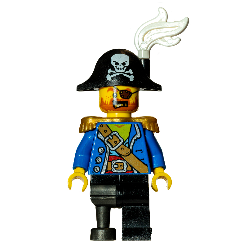 Lego Pirate Captain, Blue Jacket, Peg Leg, Bicorne Hat with White Plume