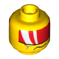 Lego Minifig Head Tremor, Red Visor with 2 White Bands, Cheek Lines, Mouth Closed / Clenched Teeth Print / Yellow