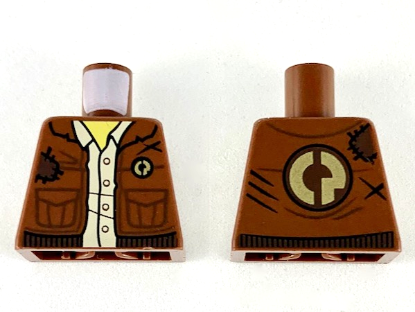 Lego Torso Jacket with Gold 'CP', Dark Brown Patch and Trim, Yellow Neck and Tan Button Up Shirt Pattern / Reddish Brown