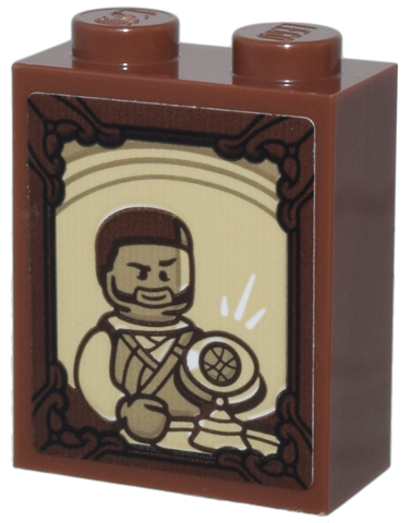 Lego Brick 1 x 2 x 2 with Inside Stud Holder with Ornate Dark Brown Frame, Tan and Dark Tan Karl Mordo and Oval Eye of Agamotto Pattern (Sticker) - Set 76218 / Reddish Brown