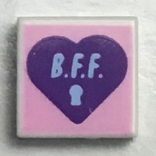 Lego Tile 1 x 1 with Dark Purple Heart, Medium Azure B.F.F., Bright Pink Background Print / White