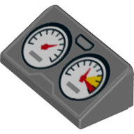 Lego Brick Sloped 30° 1 x 2 x 2/3 with 2 Gauges/Dials print / Dark Bluish Gray