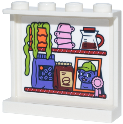 Lego Panel 1 x 4 x 3 with Side Supports - Hollow Studs with Red Shelves with Plant, Cups, Coffee Pot, Bags, Frame and Ribbon Pattern (Sticker) - Set 42677