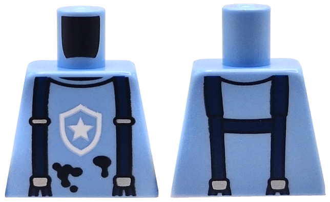 Lego Torso Police Sleeveless Shirt with White Star Badge Logo, Dark Blue Suspenders and Black Splotches Pattern / Bright Light Blue