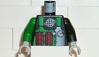 Lego Torso Alpha Team Logo Green Vest, Dynamite Pattern / Black Arm Left / Green Arm Right / Light Gray Hands