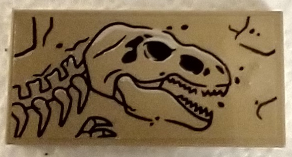 Lego Tile 2 x 4 with Dinosaur Bones Fossils, T. rex Head Pattern Model Left Side (Sticker) - Set 76961 / Dark Tan