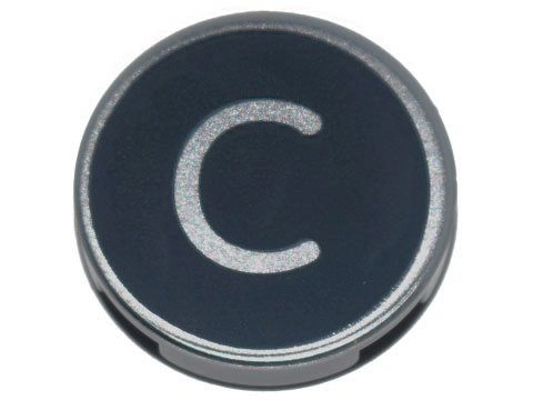Lego Tile, Round 2 x 2 with Bottom Stud Holder with Silver Capital Letter C on Black Background Pattern