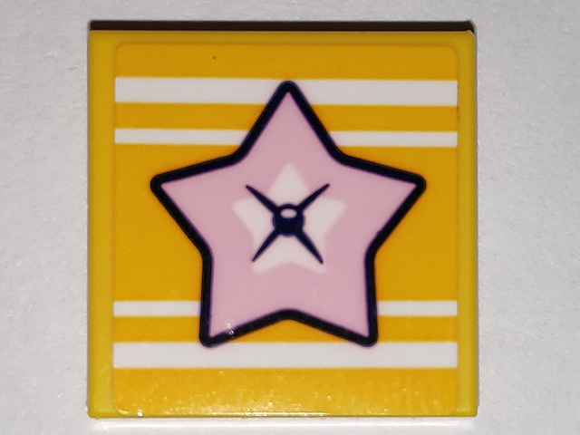 Lego Tile 2 x 2 with Bright Pink Star and White Stripes Pattern (Sticker) - Set 41338 / Yellow