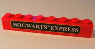Lego Brick 1 x 8 with White 'HOGWARTS EXPRESS' on Black Background with Gold Border Pattern (Sticker) - Sets 4758 / 10132 / Red