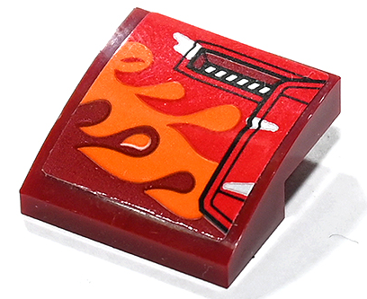 Lego Slope, Curved 2 x 2 x 2/3 with Orange and Red Flames, Engine Vent and Panel Pattern Model Left Side (Sticker) - Set 80019 / Dark Red