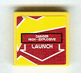 Lego Tile 2 x 2 with 'DANGER HIGH-EXPLOSIVE' and 'LAUNCH' on Dark Red and Yellow Background Pattern (Sticker) - Set 8113 / Yellow