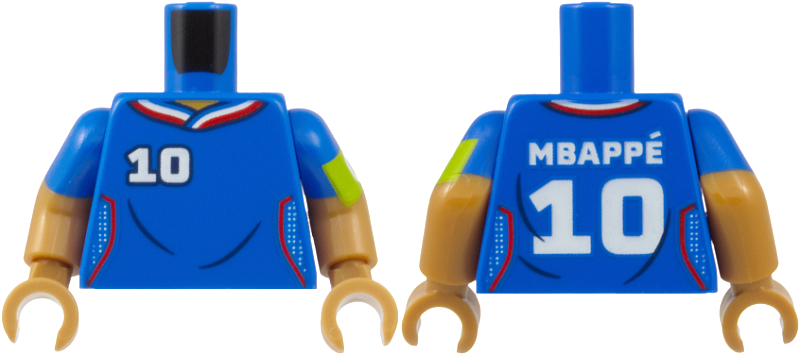 Lego Torso Soccer / Football Jersey France, Red Trim, White Mesh, '10' and 'MBAPPÉ' {MBAPPE} Pattern / Medium Nougat Arm Left with Molded Blue Short Sleeve and Printed Captain's Armband Pattern / Medium Nougat Arm Right with Molded Blue Short Sleeve Pattern / Medium Nougat Hands