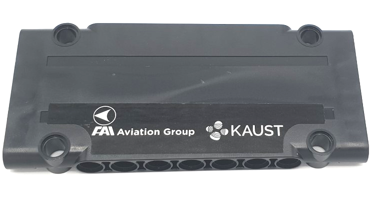 Lego Technic, Panel Plate 5 x 11 x 1 with White 'FAI Aviation Group' and 'KAUST' Pattern Model Right Side (Sticker) - Set 42141 / Black