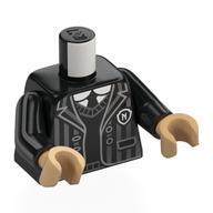 Lego Torso, Dark Bluish Grey Striped Jacket with White 'N', Black Sweater, White Shirt, Black Tie Print, Black Arms, Warm Tan Hands / Black
