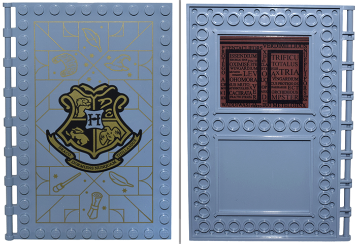 Lego Tile, Modified 10 x 16 with Studs on Edges and Bar Handles with Hogwarts Charms Class and Spells and Latin Words on Reddish Brown Background Pattern on Inside (Sticker) - Set 76385