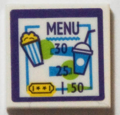 Lego Tile 2 x 2 with Dark Purple 'MENU', Popcorn, Drink, Number 30, 25 and 50 Pattern (Sticker) - Set 41408